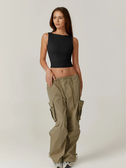 QINSEN Women's Open Back Sleeveless Crop Top