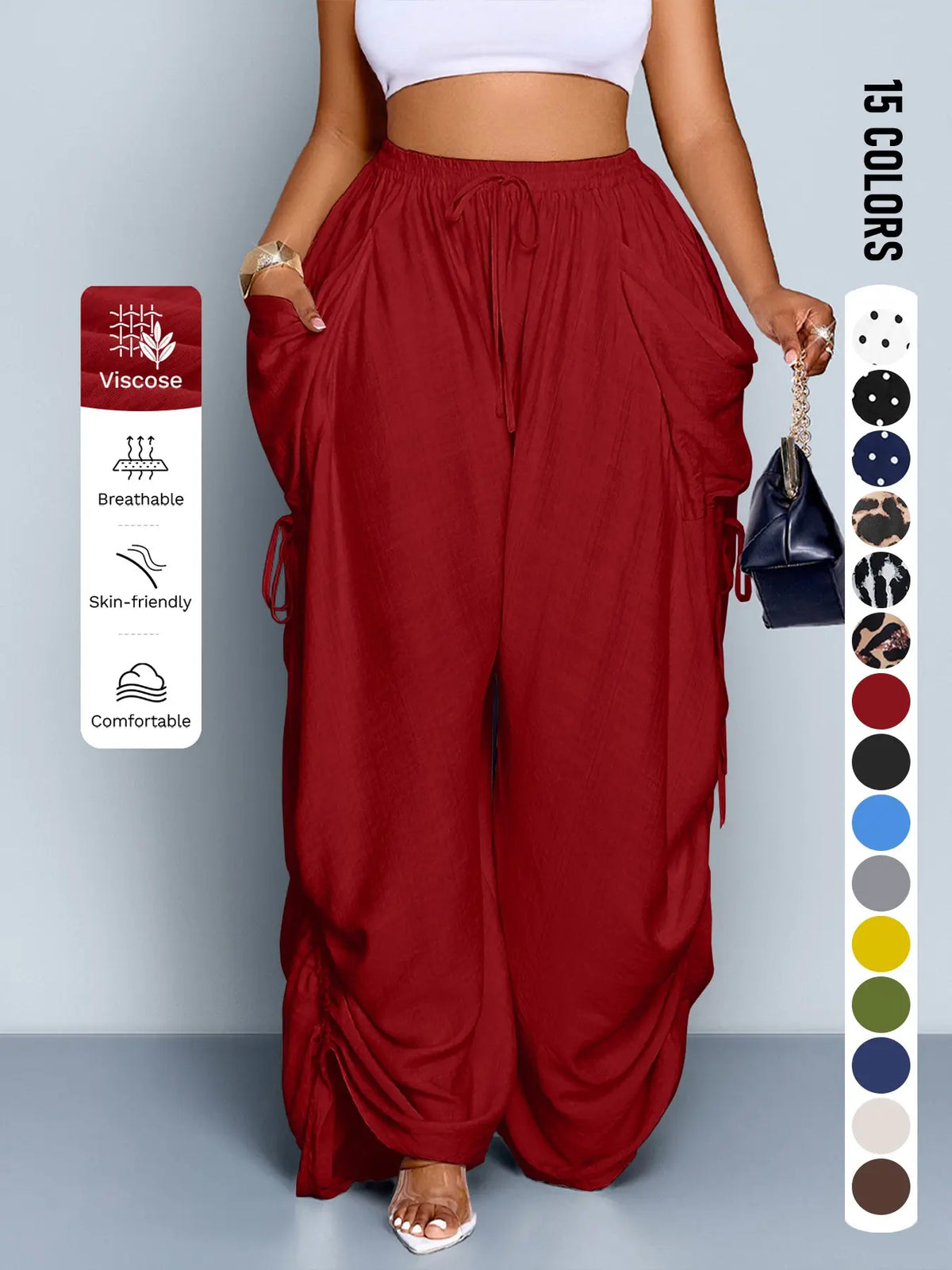 Plus Size Wide Leg Casual Pants, High Waist Black