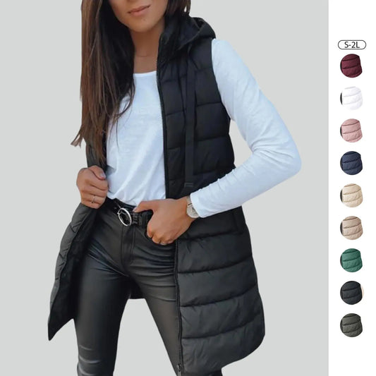 Women Long Puffer Vest Solid Color Sleeveless Hood Winter Outwear