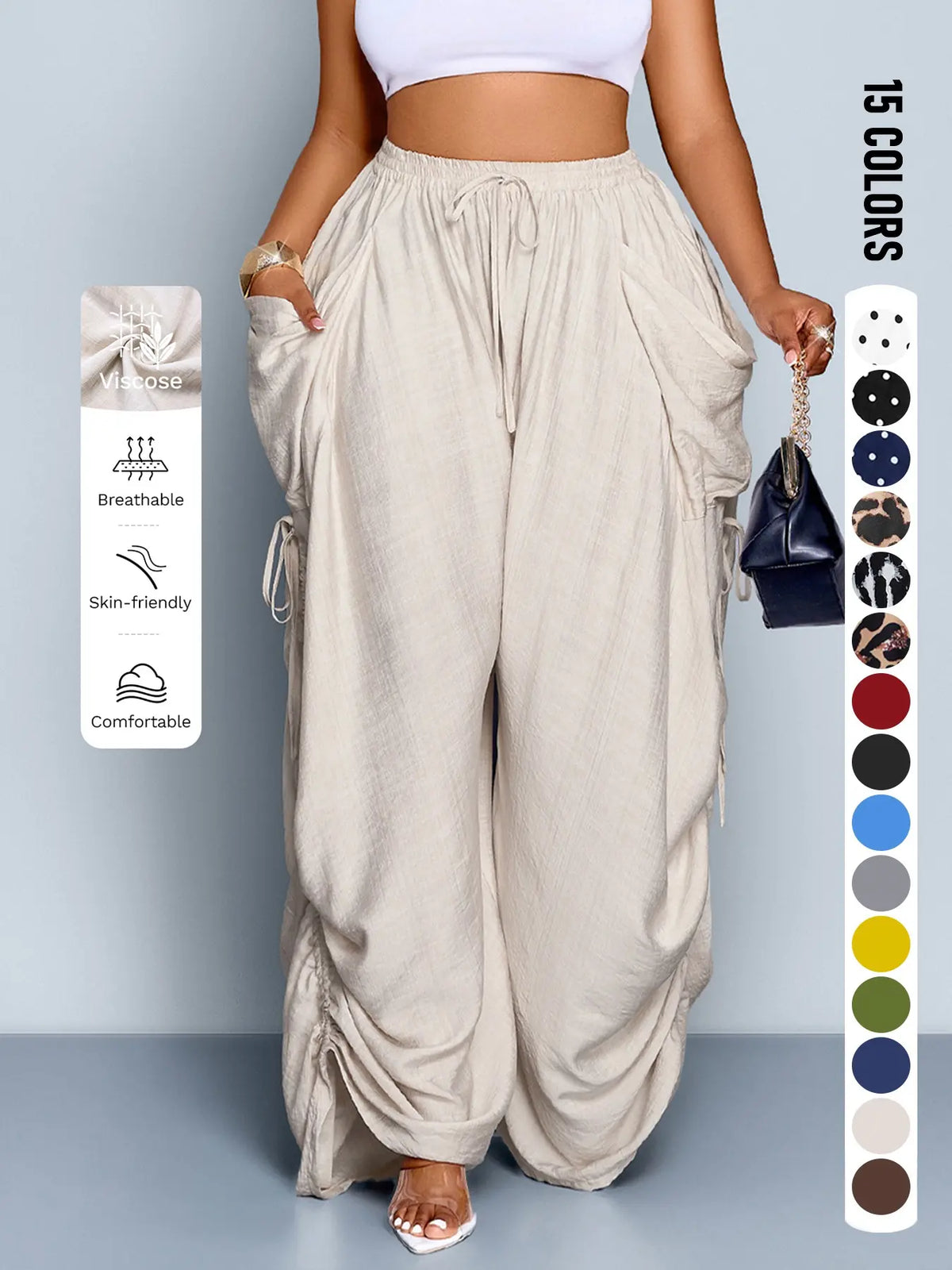 Plus Size Wide Leg Casual Pants, High Waist Black