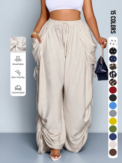 Plus Size Wide Leg Casual Pants, High Waist Black