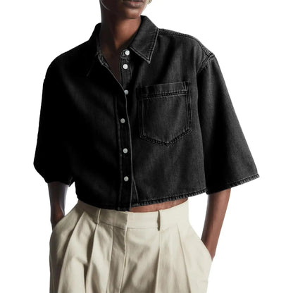Tankaneo Crop Denim Shirt Jacket Half Sleeve Button Down