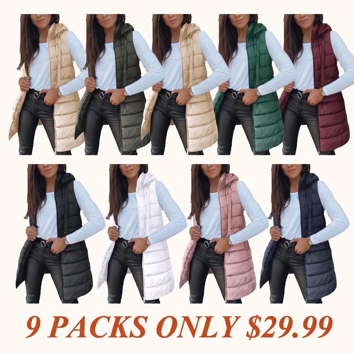 Women Long Puffer Vest Solid Color Sleeveless Hood Winter Outwear