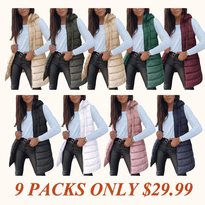 Women Long Puffer Vest Solid Color Sleeveless Hood Winter Outwear