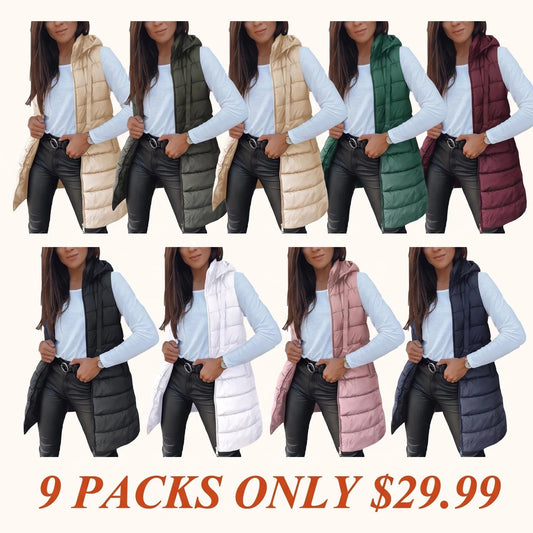 Women Long Puffer Vest Solid Color Sleeveless Hood Winter Outwear