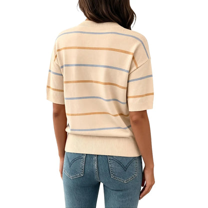 Shewin Women's Striped Knit Short Sleeve Pullover