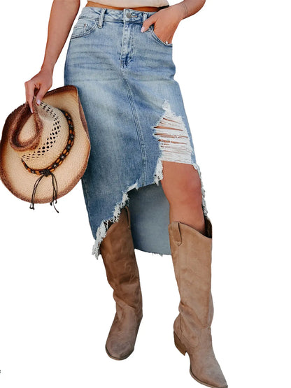 Asvivid Women's Ripped Asymmetrical Denim Midi Skirt with Raw Frayed Hem