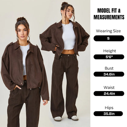 Katch Me Chic Women's Winter Vintage Collared Zipper Jacket - Oversized Outerwear for Ladies