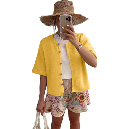 Tanming Women's Short Sleeve Ribbed Knit Cardigan