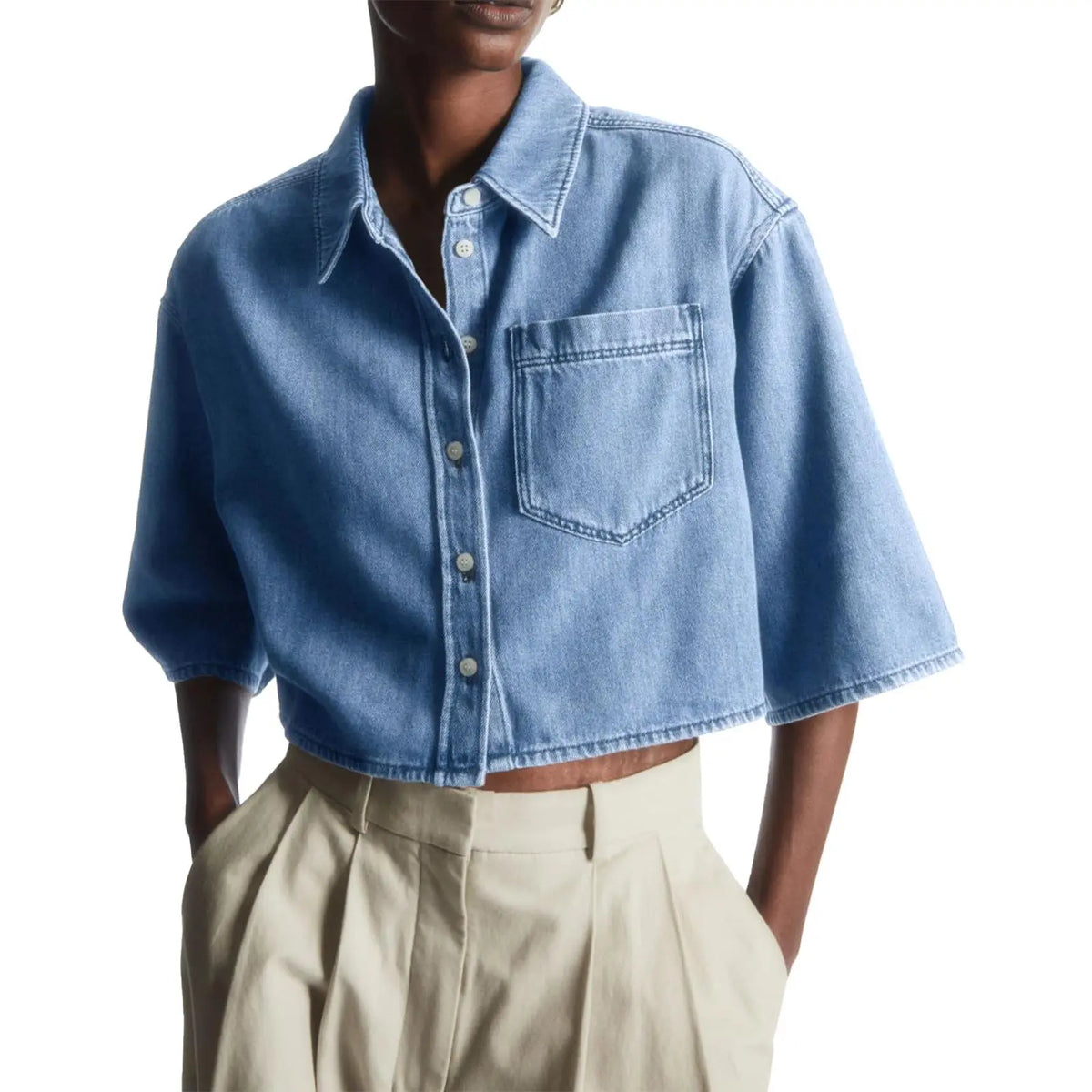 Tankaneo Crop Denim Shirt Jacket Half Sleeve Button Down