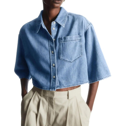 Tankaneo Crop Denim Shirt Jacket Half Sleeve Button Down