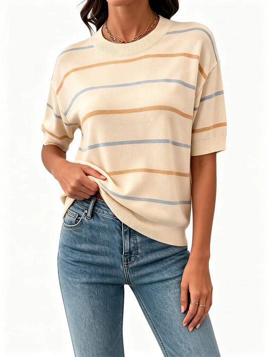 Shewin Women's Striped Knit Short Sleeve Pullover