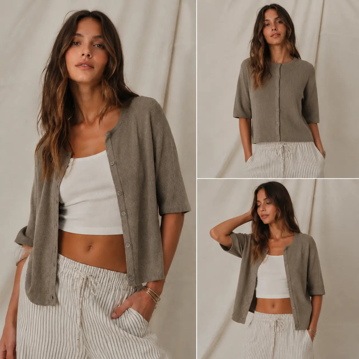 Tanming Women's Short Sleeve Ribbed Knit Cardigan