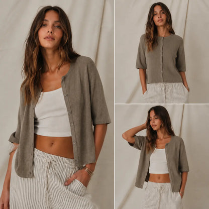 Tanming Women's Short Sleeve Ribbed Knit Cardigan