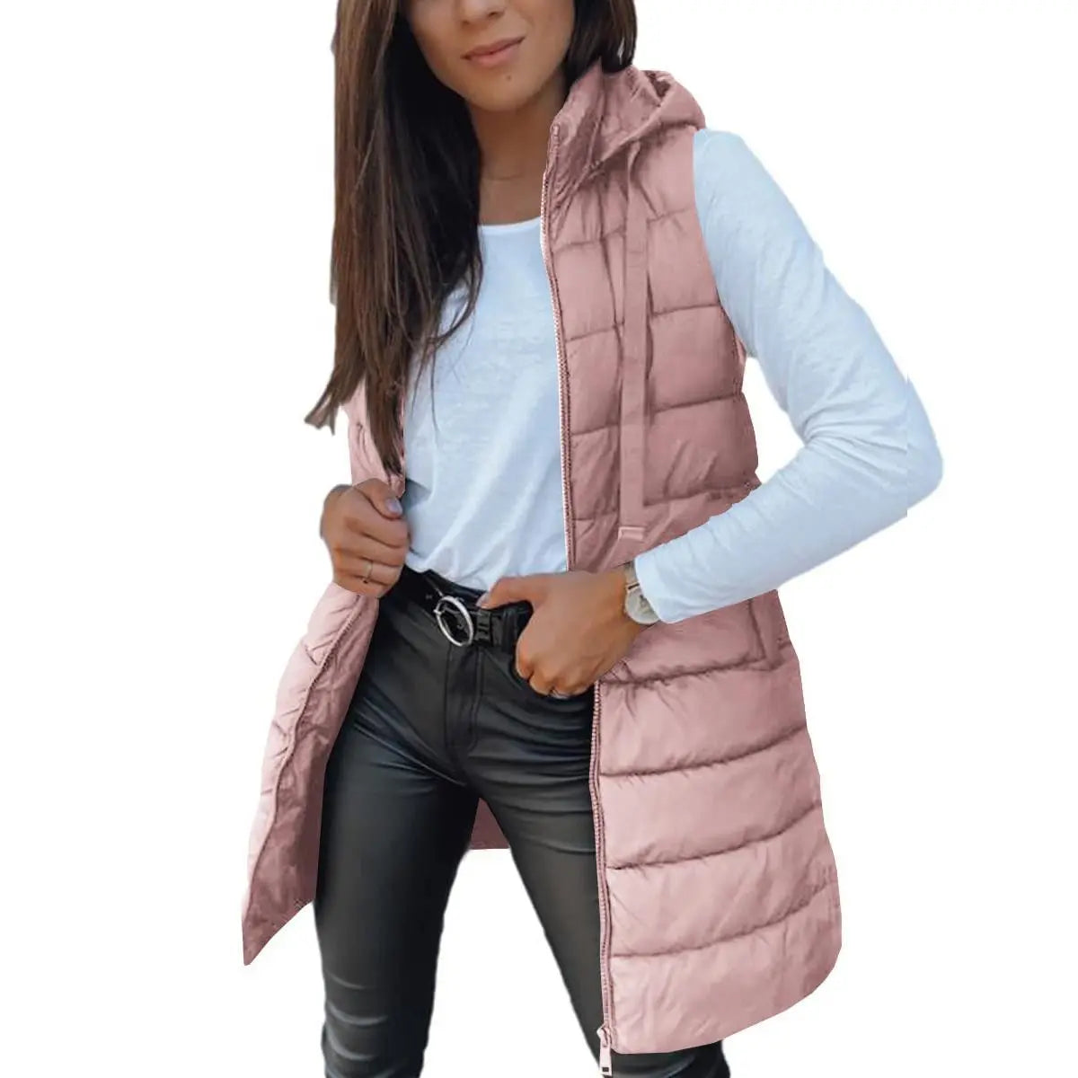 Women Long Puffer Vest Solid Color Sleeveless Hood Winter Outwear