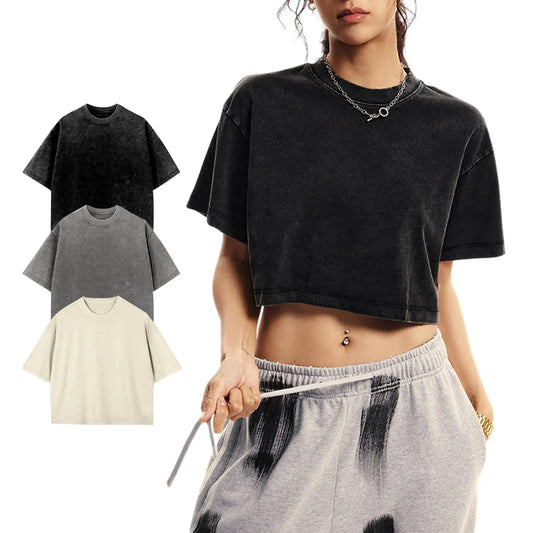 Arssm Cropped T-Shirts Women Cotton Acid Wash