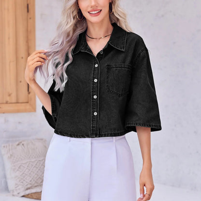 Tankaneo Crop Denim Shirt Jacket Half Sleeve Button Down