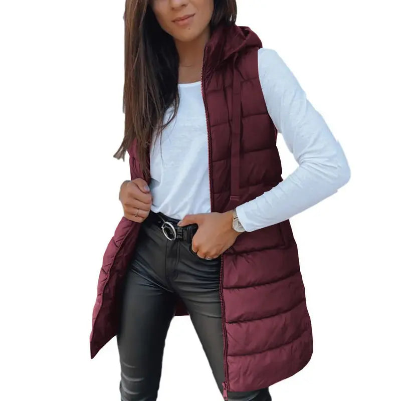 Women Long Puffer Vest Solid Color Sleeveless Hood Winter Outwear