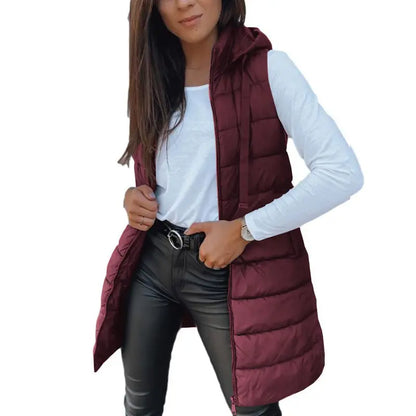 Women Long Puffer Vest Solid Color Sleeveless Hood Winter Outwear
