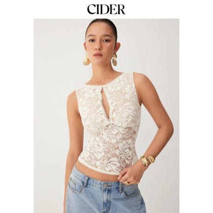 Cider Sheer Lace Boat Neck Sleeveless Top