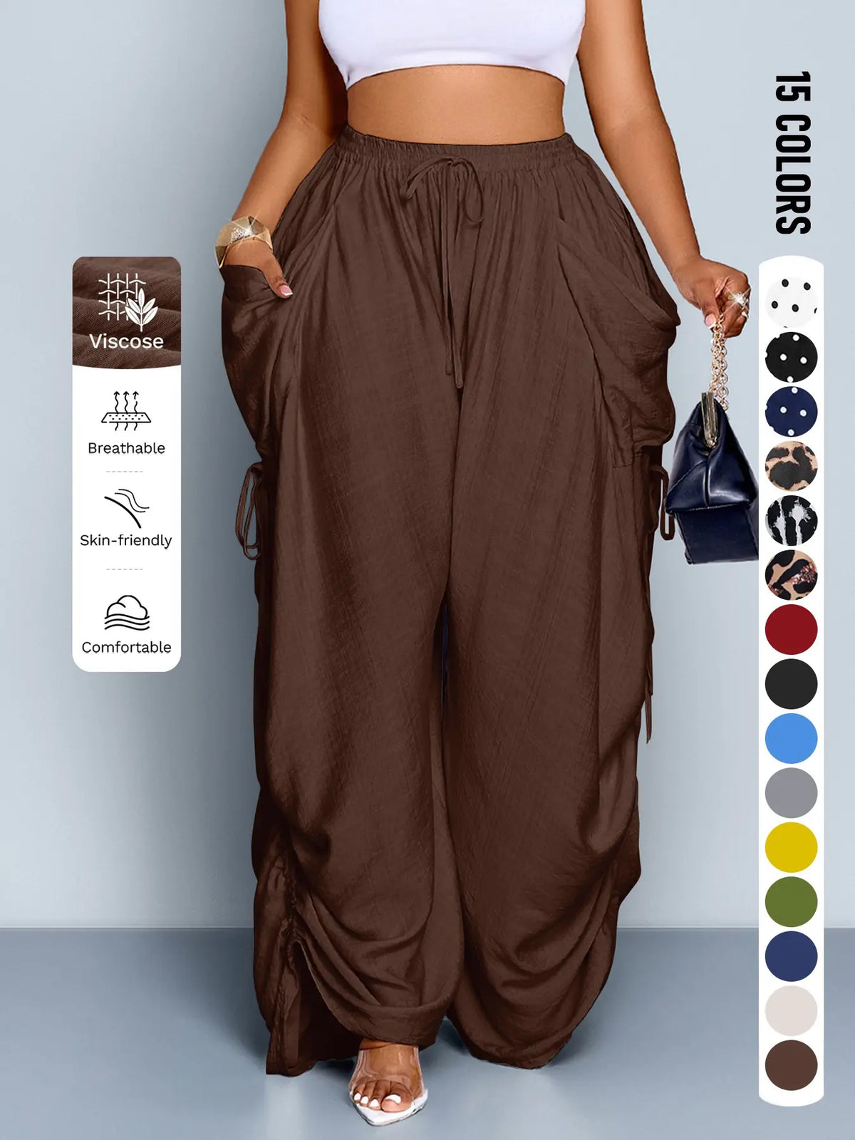 Plus Size Wide Leg Casual Pants, High Waist Black