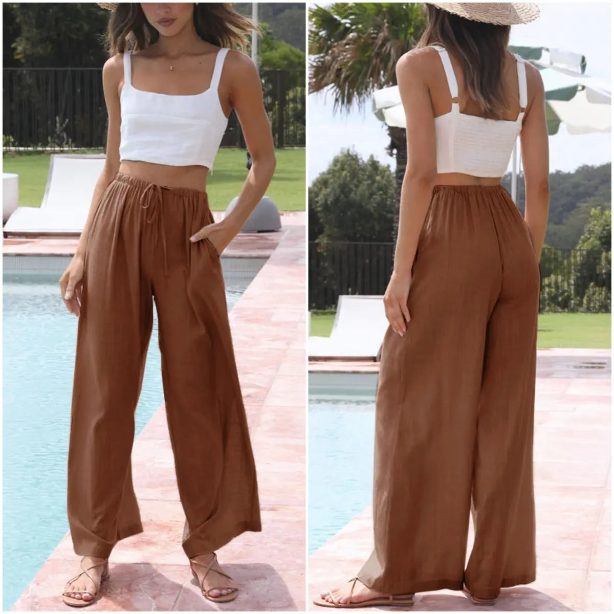 UANEO Women's Cotton Linen Palazzo Pants