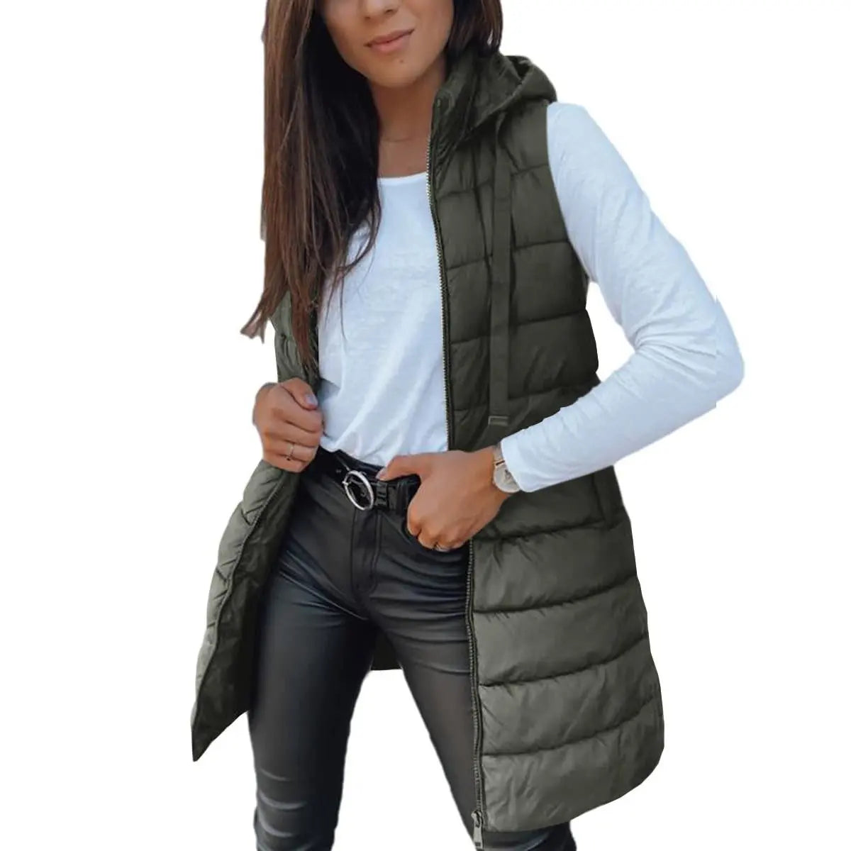 Women Long Puffer Vest Solid Color Sleeveless Hood Winter Outwear