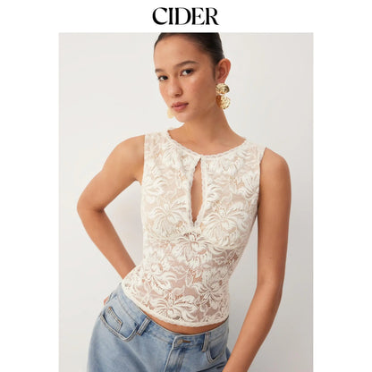 Cider Sheer Lace Boat Neck Sleeveless Top