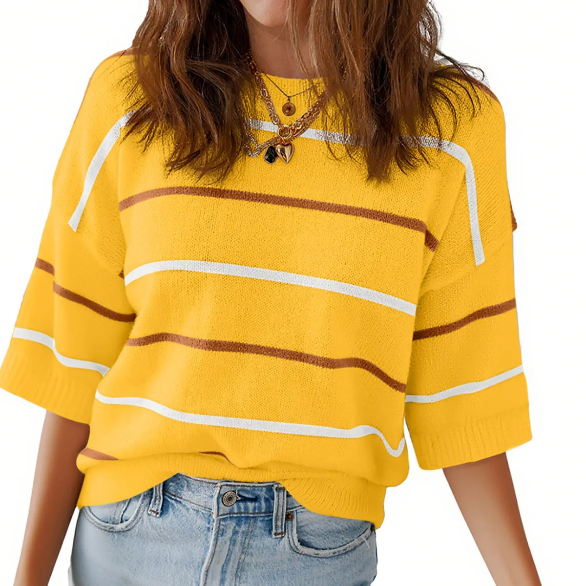 Shewin Women's Striped Knit Short Sleeve Pullover