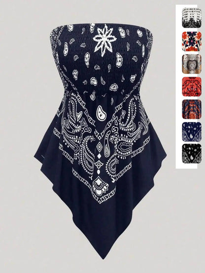 Plus Size Boho Strapless Tube Top, Asymmetrical Hem