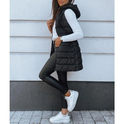 Women Long Puffer Vest Solid Color Sleeveless Hood Winter Outwear