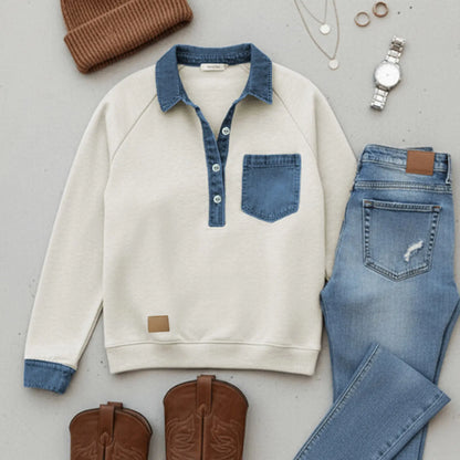Asvivid Women Denim Collar Patchwork Sweatshirt