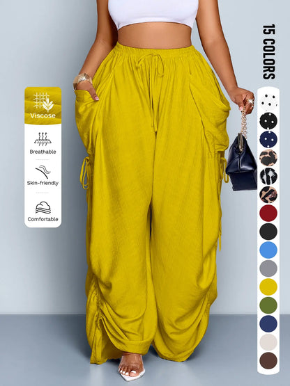 Plus Size Wide Leg Casual Pants, High Waist Black