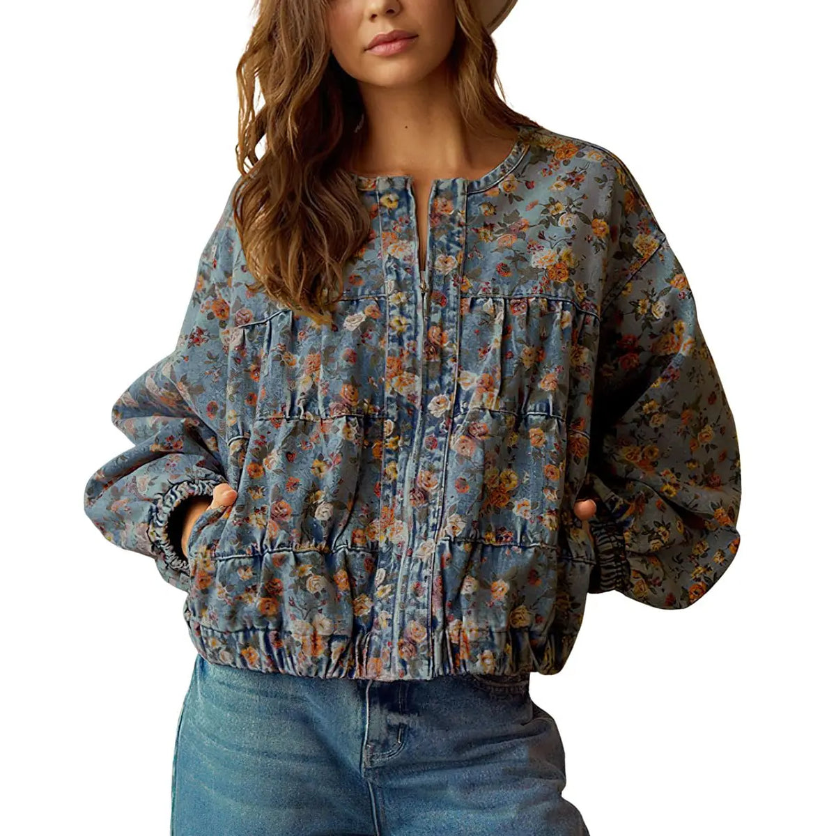 Women's Floral Denim Jacket Loose Fit with Pockets