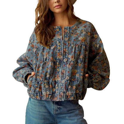 Women's Floral Denim Jacket Loose Fit with Pockets