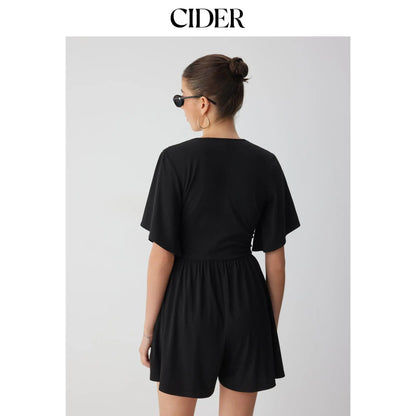 Textured V-Neck Ruched Ribbed Romper