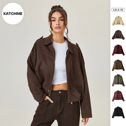 Katch Me Chic Women's Winter Vintage Collared Zipper Jacket - Oversized Outerwear for Ladies