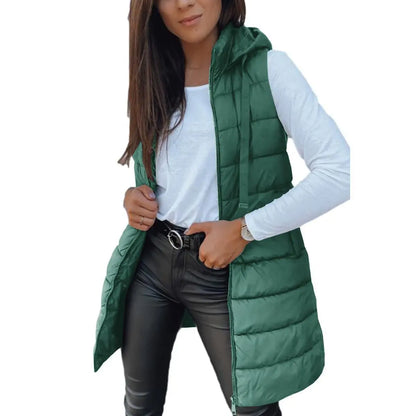 Women Long Puffer Vest Solid Color Sleeveless Hood Winter Outwear