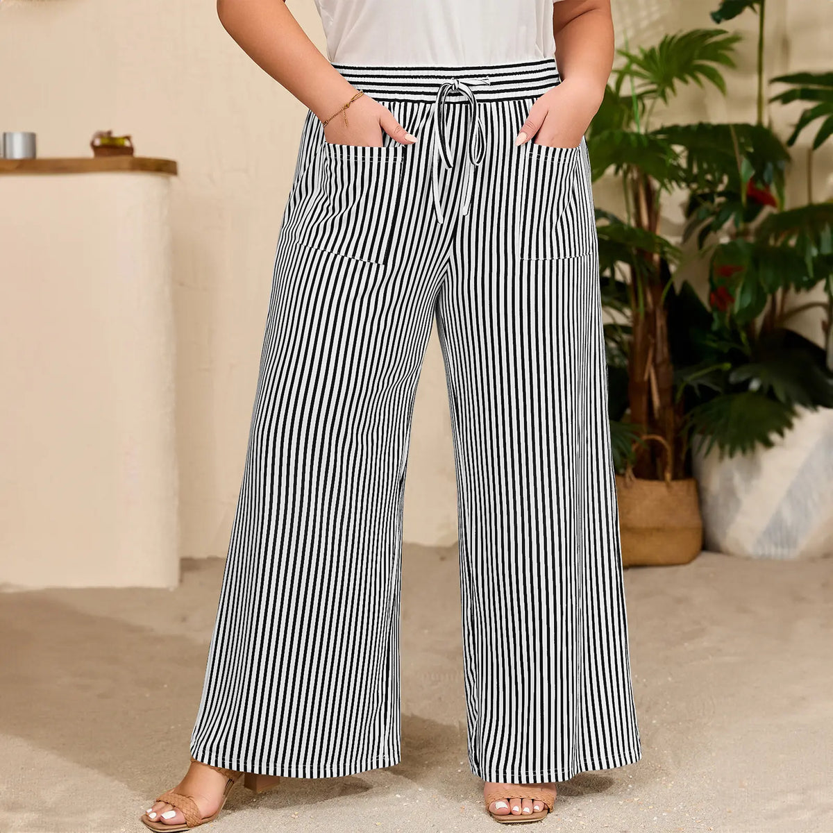 Eytino Plus Size Striped Wide Leg Pants