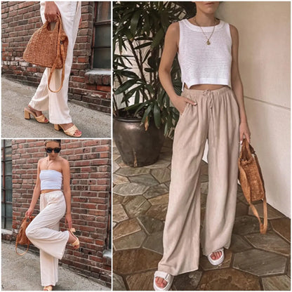 UANEO Women's Cotton Linen Palazzo Pants