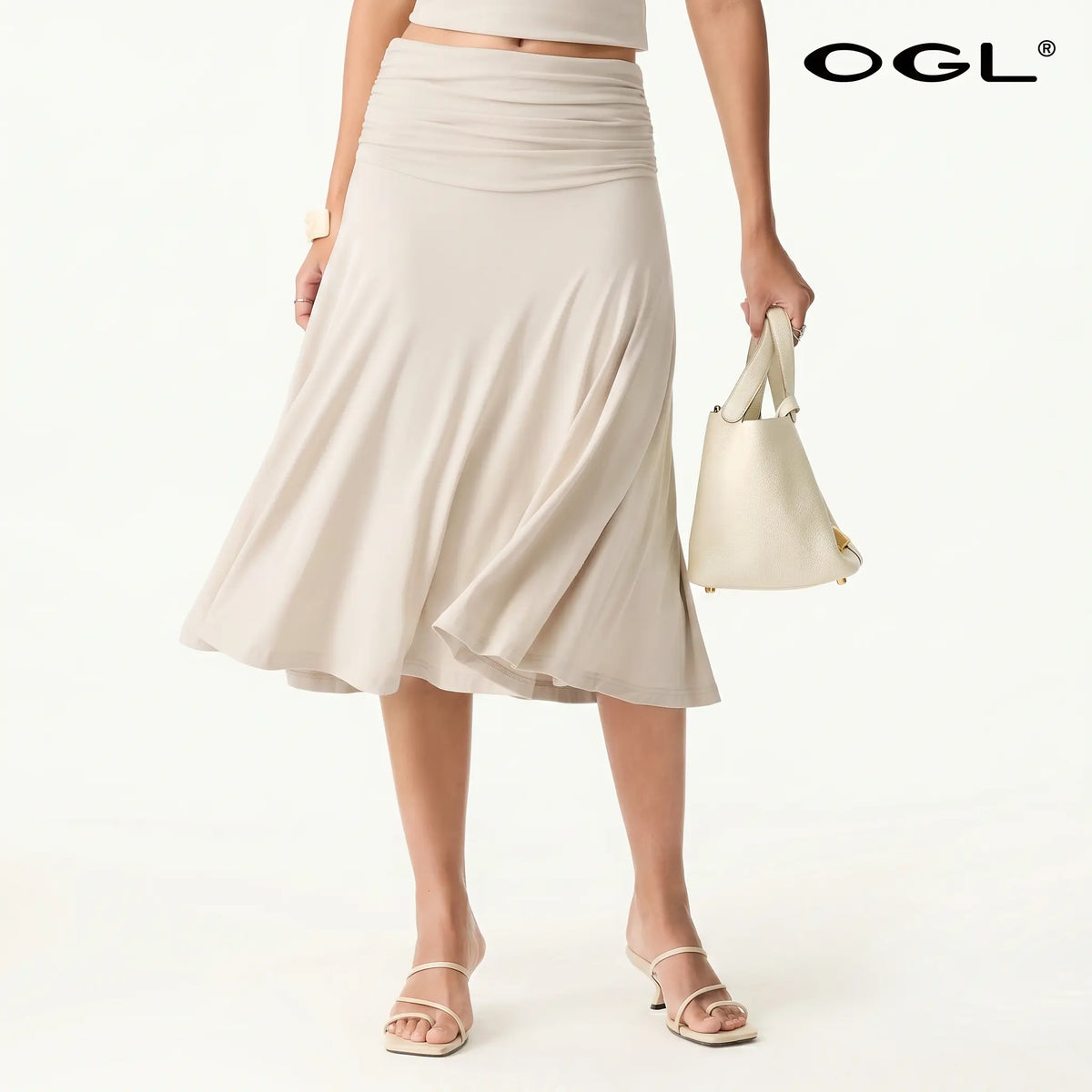 OGL Flowy Side Ruched Midi Skirt for Women